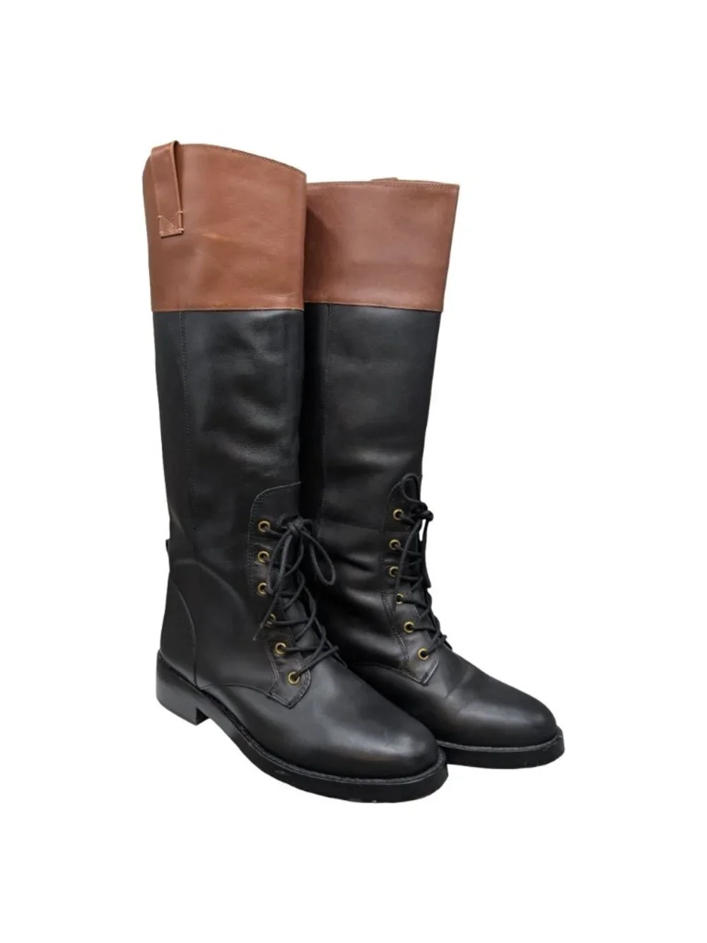 J.CREW Leather Riding Boots Womens Black Brown Lace Up Knee High BD425 Size 8